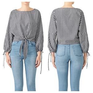 Greylin Millie Blouse Gingham Plaid Checker Top Tie Front Shirt Black White S